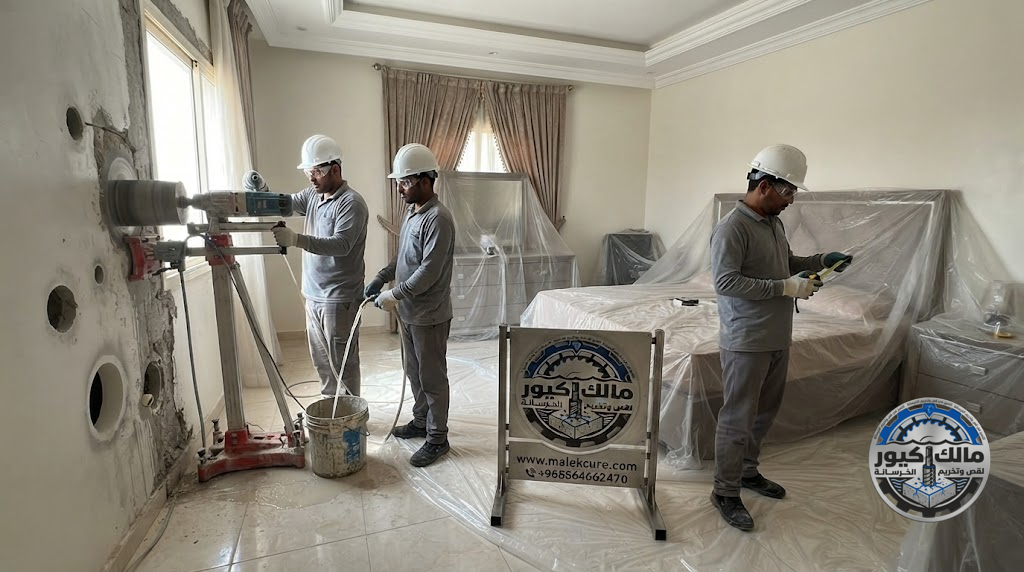 فتح فتحات مواسير التكييف والصرف والكهرباء في الخرسانة بحي أجياد مكة بدقة ومنظمة