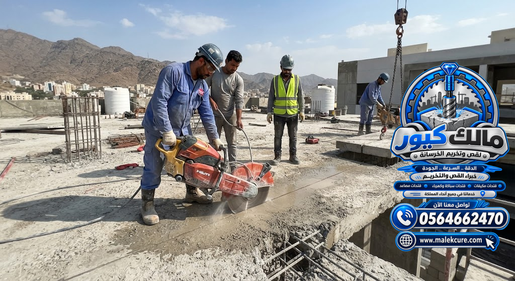 قص أسقف خرسانية بالطائف بالمنشار الماسي لتنفيذ فتحات الخدمات وإزالة أجزاء محددة من البلاطات