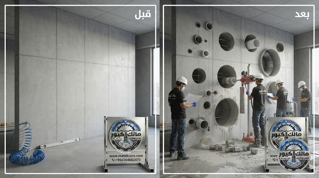 تنفيذ فتحات الكور الماسي للمكيفات والسباكة والكهرباء في حي بريمان جدة بدقة عالية وبدون تكسير