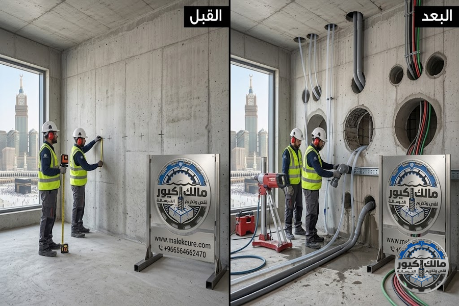 شركة مالك كيور تقدم خدمات تخريم الخرسانة للمواسير والكهرباء في مكة باستخدام أحدث أجهزة الكور الماسي لتنفيذ الفتحات بدقة عالية وبدون تكسير
