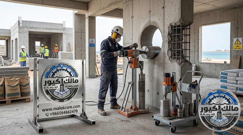 شركة مالك كيور تقدم خدمات تخريم الخرسانة بالكور الماسي في ينبع لفتح فتحات المكيفات والمواسير والكهرباء بدون تشققات وبأعلى دقة