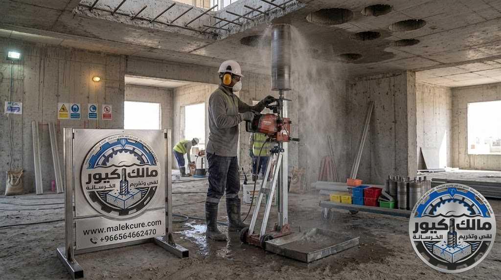 شركة مالك كيور تقدم خدمات تخريم الخرسانة بالكور الماسي في ينبع لفتح فتحات المكيفات والمواسير والكهرباء بدون تشققات وبأعلى دقة