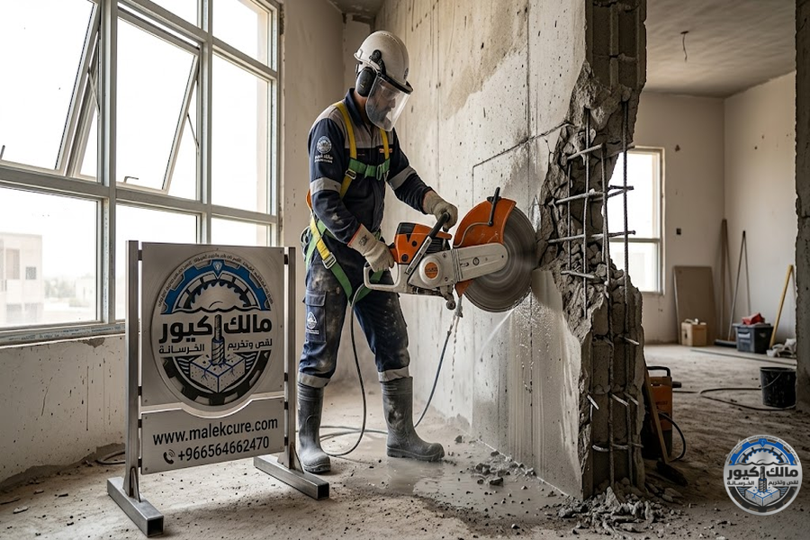 تنفيذ قص الخرسانة المسلحة في حي الرويس جدة وفتح الأبواب والنوافذ بدقة عالية باستخدام معدات القص الماسي