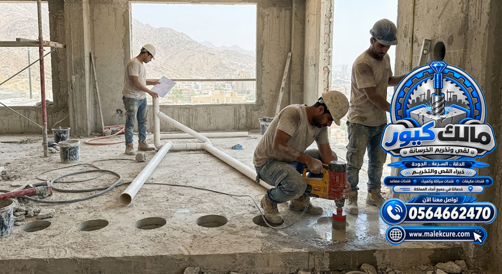 تنفيذ فتحات الكور الماسي للمواسير والتمديدات الكهربائية في الخرسانة بالطائف حسب المقاس المطلوب
