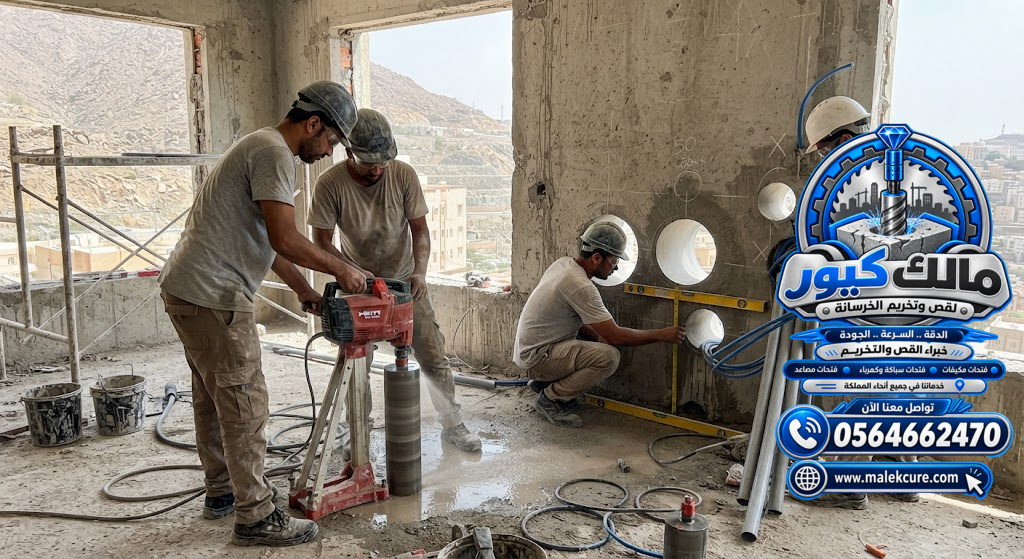 تخريم الجدران والأسقف والبلاطات الخرسانية بالطائف لتمرير مواسير المياه والصرف والكابلات الكهربائية