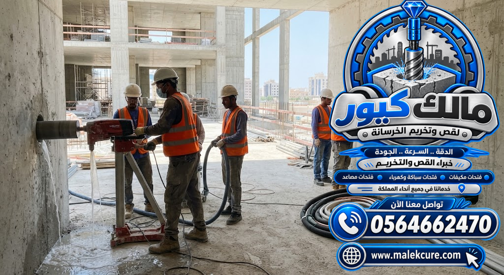 فتح فتحات الكور الماسي لتمديدات التكييف والدكت في الجدران الخرسانية بجدة بدقة وتقليل التكسير