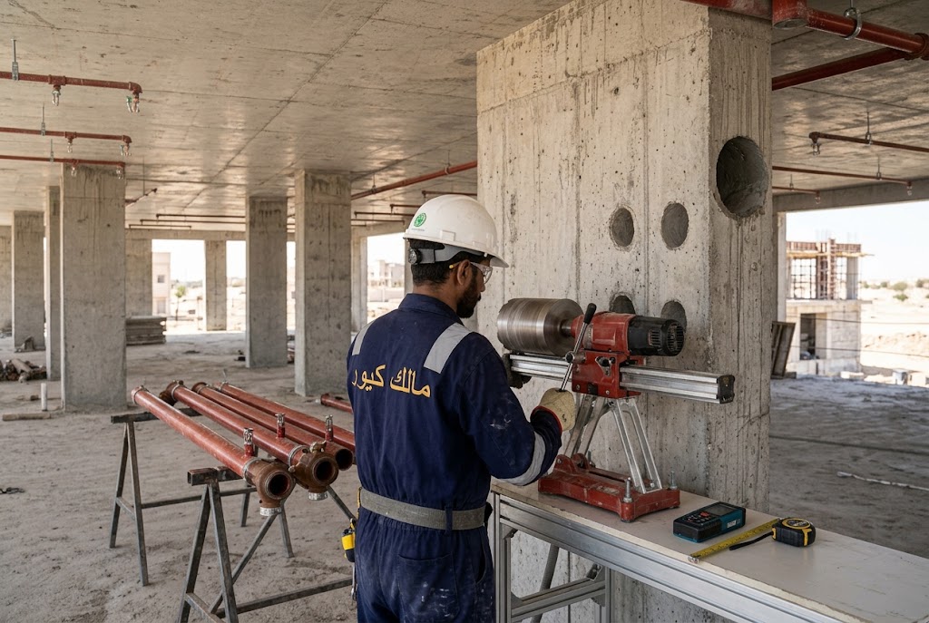 تجهيز موقع فتح فتحات خرسانية لشبكات الحريق برابغ