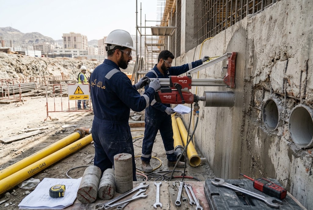تجهيز موقع فتح فتحات خرسانية لمواسير الغاز بمكة المكرمة