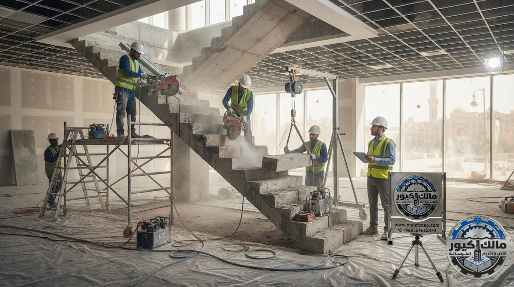 شركة مالك كيور تقدم خدمات قص درج خرساني المدينة المنورة باستخدام أحدث أجهزة القص الماسي والواير الماسي بدقة عالية مع الحفاظ على سلامة الهيكل الخرساني