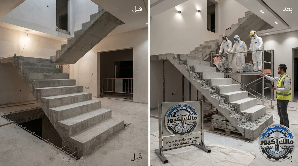 شركة مالك كيور تقدم خدمات قص درج خرساني المدينة المنورة باستخدام أحدث أجهزة القص الماسي والواير الماسي بدقة عالية مع الحفاظ على سلامة الهيكل الخرساني