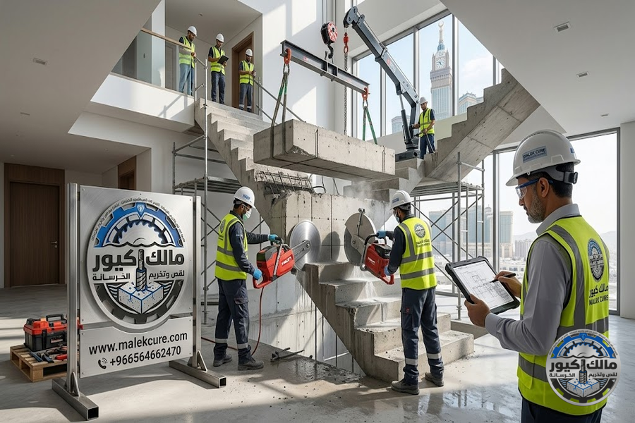 شركة مالك كيور تقدم خدمات قص الدرج الخرساني في مكة باستخدام أحدث تقنيات القص الماسي لإنشاء وتعديل السلالم الخرسانية بدقة عالية