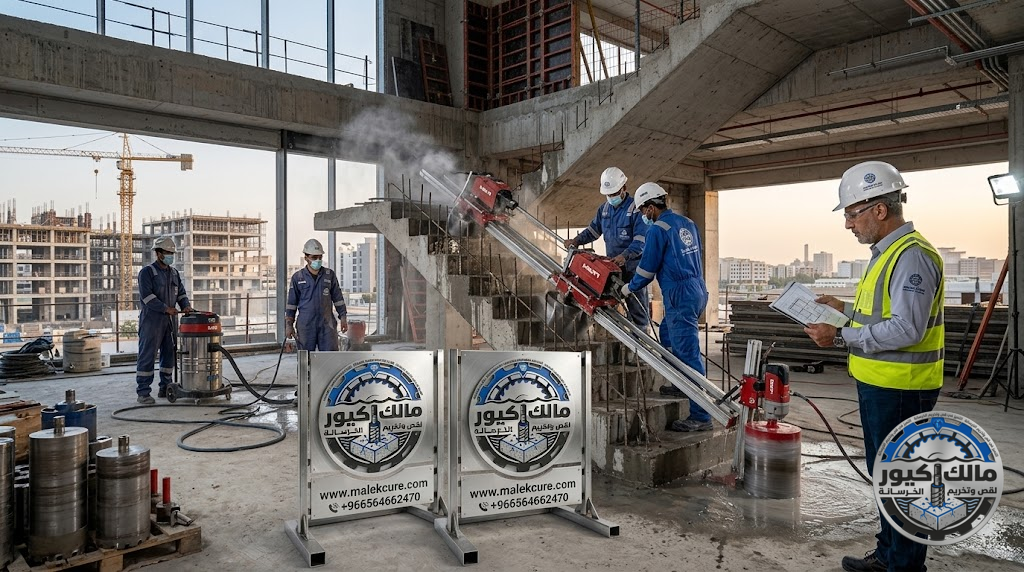 شركة مالك كيور تقدم خدمات قص السلالم الخرسانية وإنشاء فتحات الأدراج في ينبع باستخدام أحدث معدات القص الماسي بدقة عالية