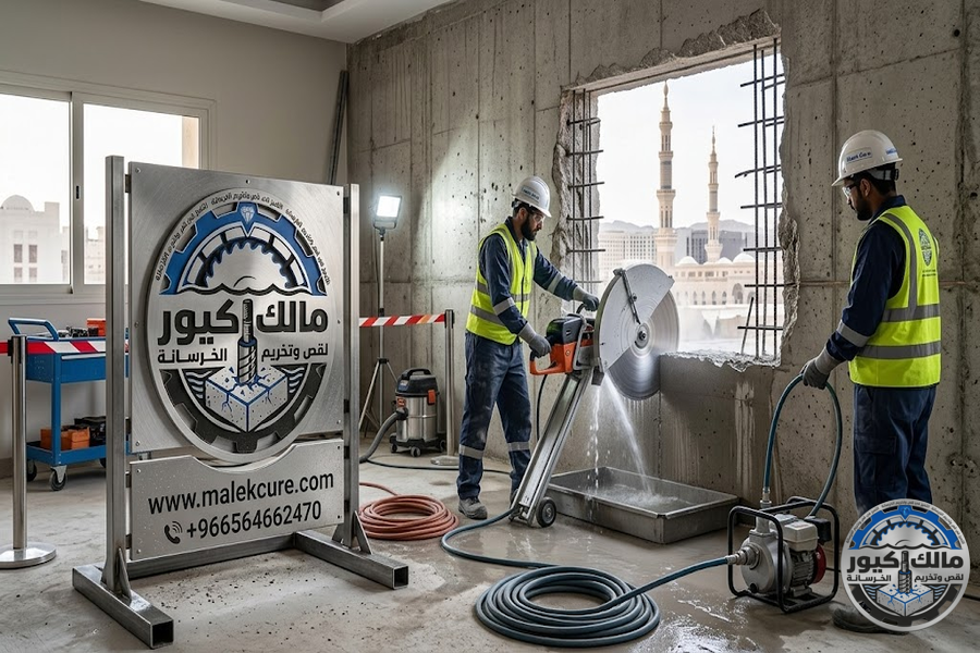 قص جدران خرسانية المدينة المنورة باستخدام أجهزة القص الماسي لفتح الأبواب والنوافذ والتعديلات الإنشائية بدقة عالية