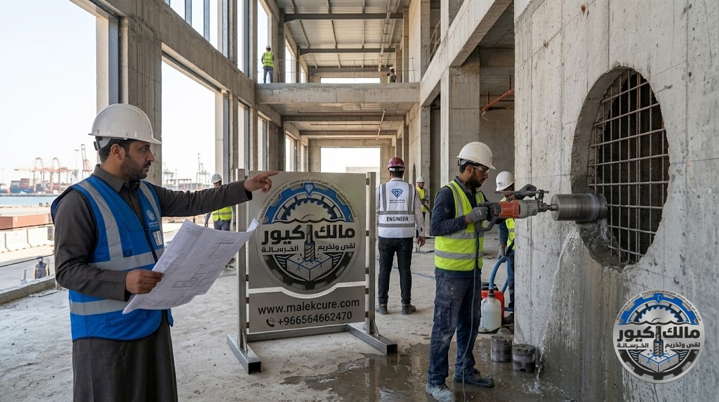 شركة مالك كيور أفضل مقاول تخريم خرسانة بالكور في ينبع باستخدام أحدث أجهزة الكور الماسي لتنفيذ فتحات المواسير والكهرباء والتكييف بدقة عالية