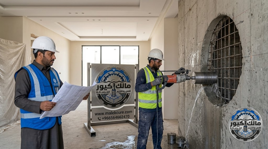 شركة مالك كيور أفضل مقاول تخريم خرسانة بالكور في ينبع باستخدام أحدث أجهزة الكور الماسي لتنفيذ فتحات المواسير والكهرباء والتكييف بدقة عالية