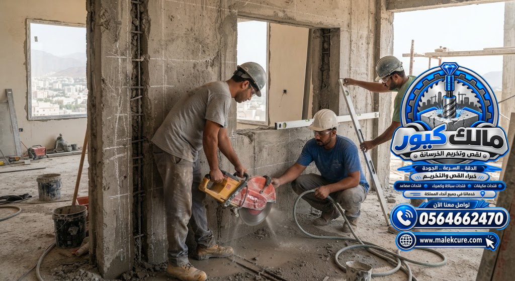 تنفيذ قص ماسي لفتح أبواب ونوافذ جديدة في الجدران الخرسانية بالطائف مع تقليل التكسير العشوائي