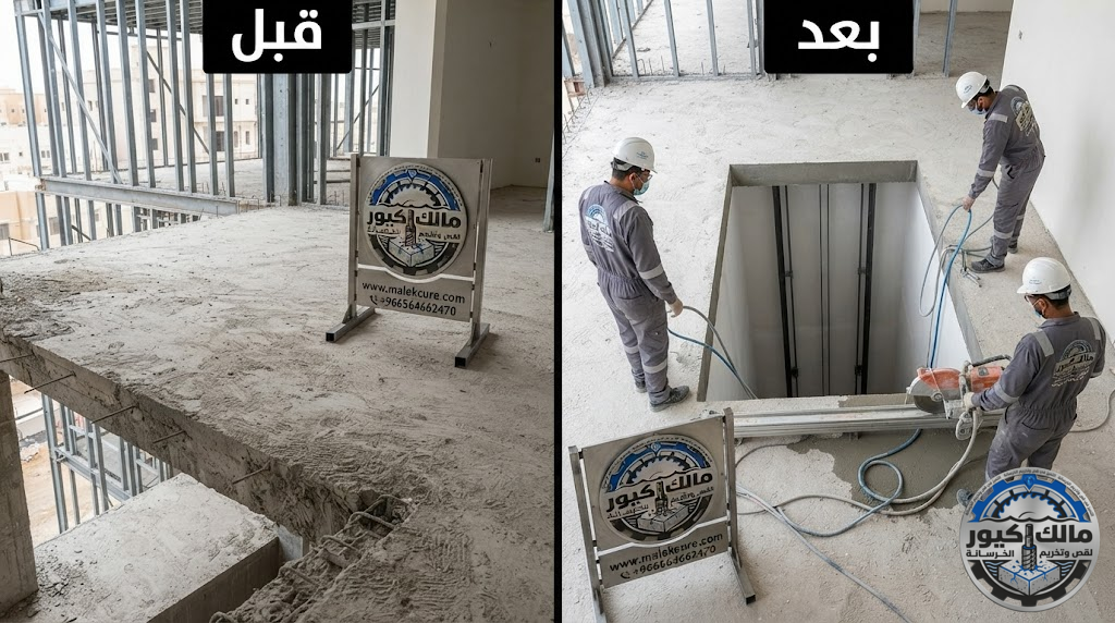 تجهيز بئر المصعد وقص الأسقف الخرسانية بخليص