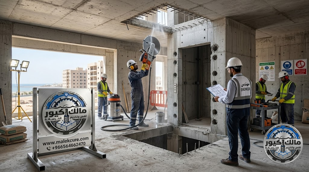 شركة مالك كيور تقدم خدمات تنفيذ فتحات المصاعد في ينبع باستخدام أحدث معدات القص والكور الماسي وفق المخططات الهندسية بدقة عالية