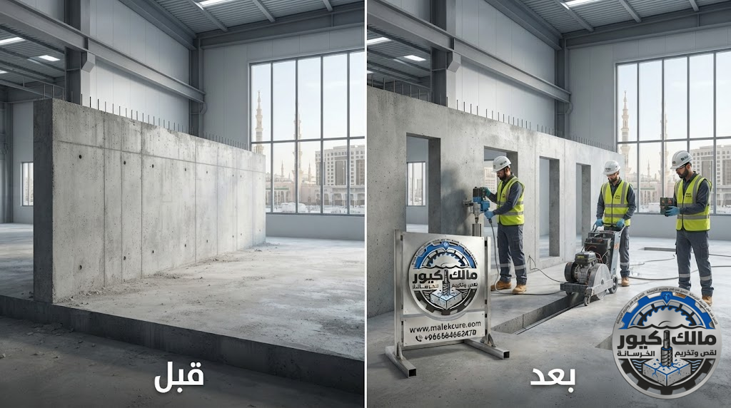 قص فتحات خطوط الإنتاج والممرات الصناعية في مصانع المدينة المنورة باستخدام أحدث معدات القص الماسي