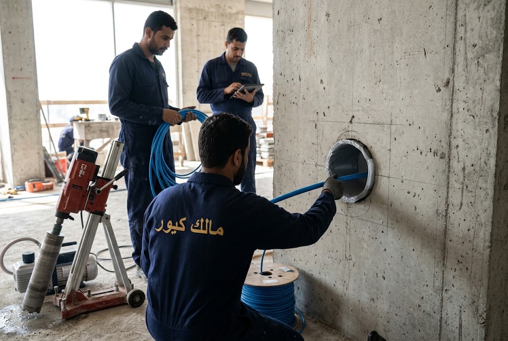 تجهيز معدات الكور الماسي لفتح فتحات كابلات الإنترنت في الخرسانة بجدة