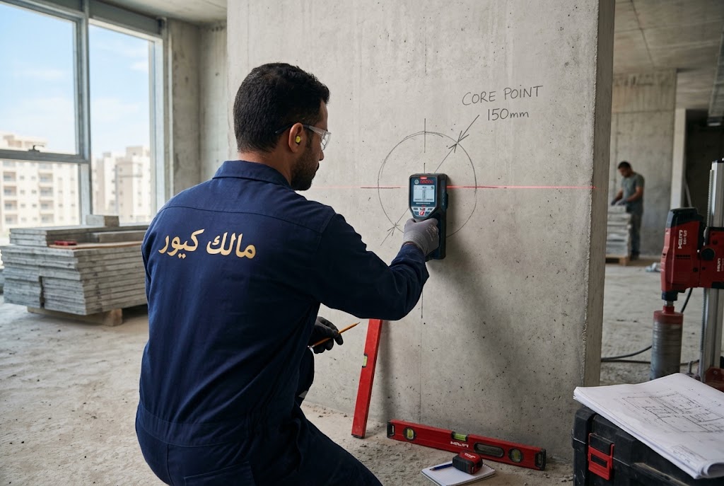فحص الجدار الخرساني والتأكد من موضع الفتحة قبل تخريم الخرسانة بجدة