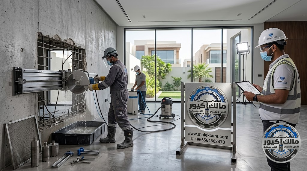 شركة مالك كيور تقدم خدمات قص الخرسانة المسلحة في ينبع باستخدام أحدث أجهزة القص الماسي للجدران والأسقف والأعمدة والبلاطات بدقة عالية