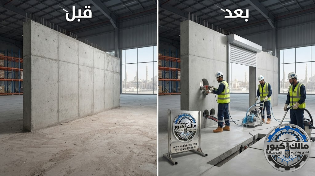 قص وفتح ممرات وفتحات الخدمات في المستودعات بالمدينة المنورة باستخدام أحدث معدات القص الماسي