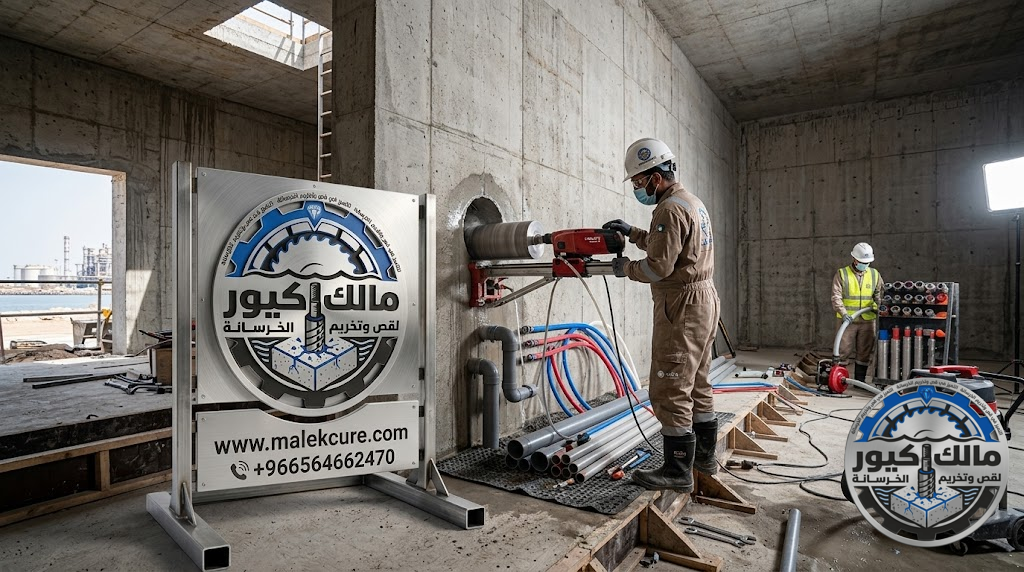 شركة مالك كيور تقدم خدمات فتح كور خزانات المياه الخرسانية في ينبع باستخدام أحدث أجهزة الكور الماسي بدقة عالية وبدون تشققات